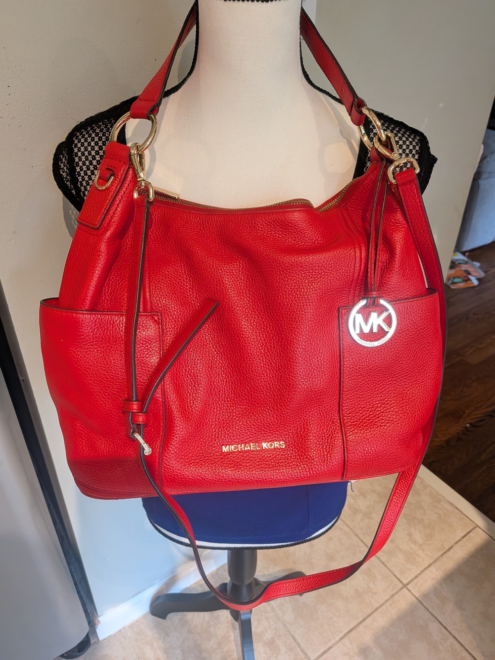 Michael Kors Cherry Red/Burnt Orange Pebbled Leather Shoulder Tote